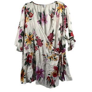 Old Navy Women's Top Plus 3X Tropical Floral Wrap Linen Blend‎ Short Sleeve Y2K